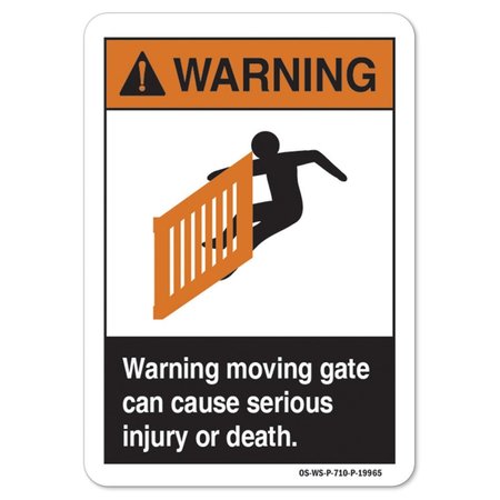 SIGNMISSION ANSI Warning Sign, Warning Moving Gate, 14in X 10in Decal, 10" W, 14" L, Landscape OS-WS-D-1014-L-19965